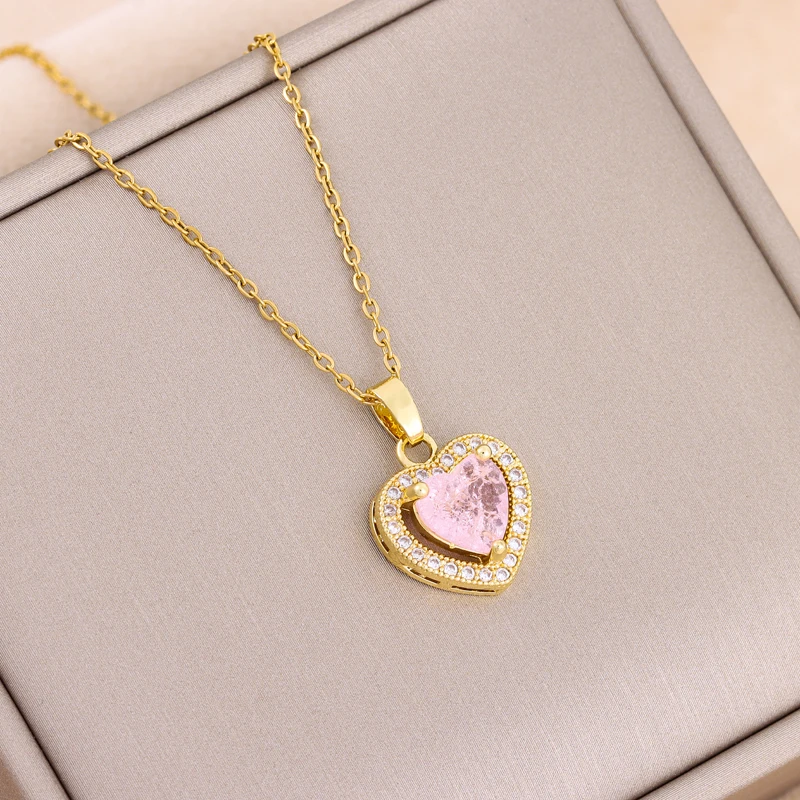 Temperament Sweet Ice Flower Crystal Heart Pendant Necklaces For Women Trendy Stainless Steel Neck Chain Female Wedding Jewelry