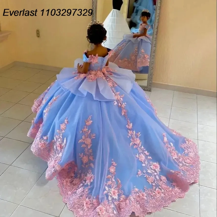 EVLAS Abito da ragazza di fiore azzurro cielo personalizzato per matrimonio Abito da prima comunione per compleanno di bambino con applicazioni di pizzo rosa TFD153