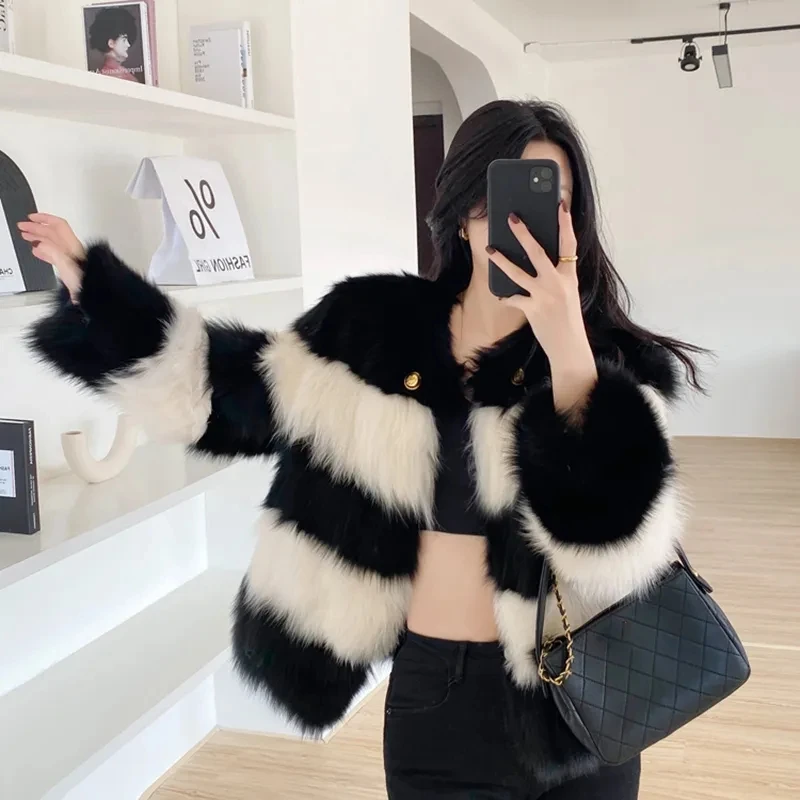 

Winter New Black White Stripe Contrast One Piece Fur Coat Women Warmth Slim Female Outwear Faux Fox Jacket