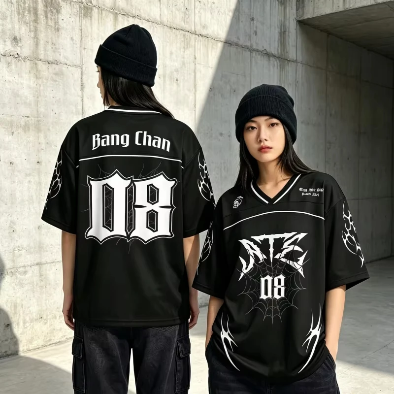 2026 Women's Kpop Group Bang Chan 08 ATE Football Jersey Breathable Short Sleeve T-Shirt Casual Streetwear Fans Family Kids Tees