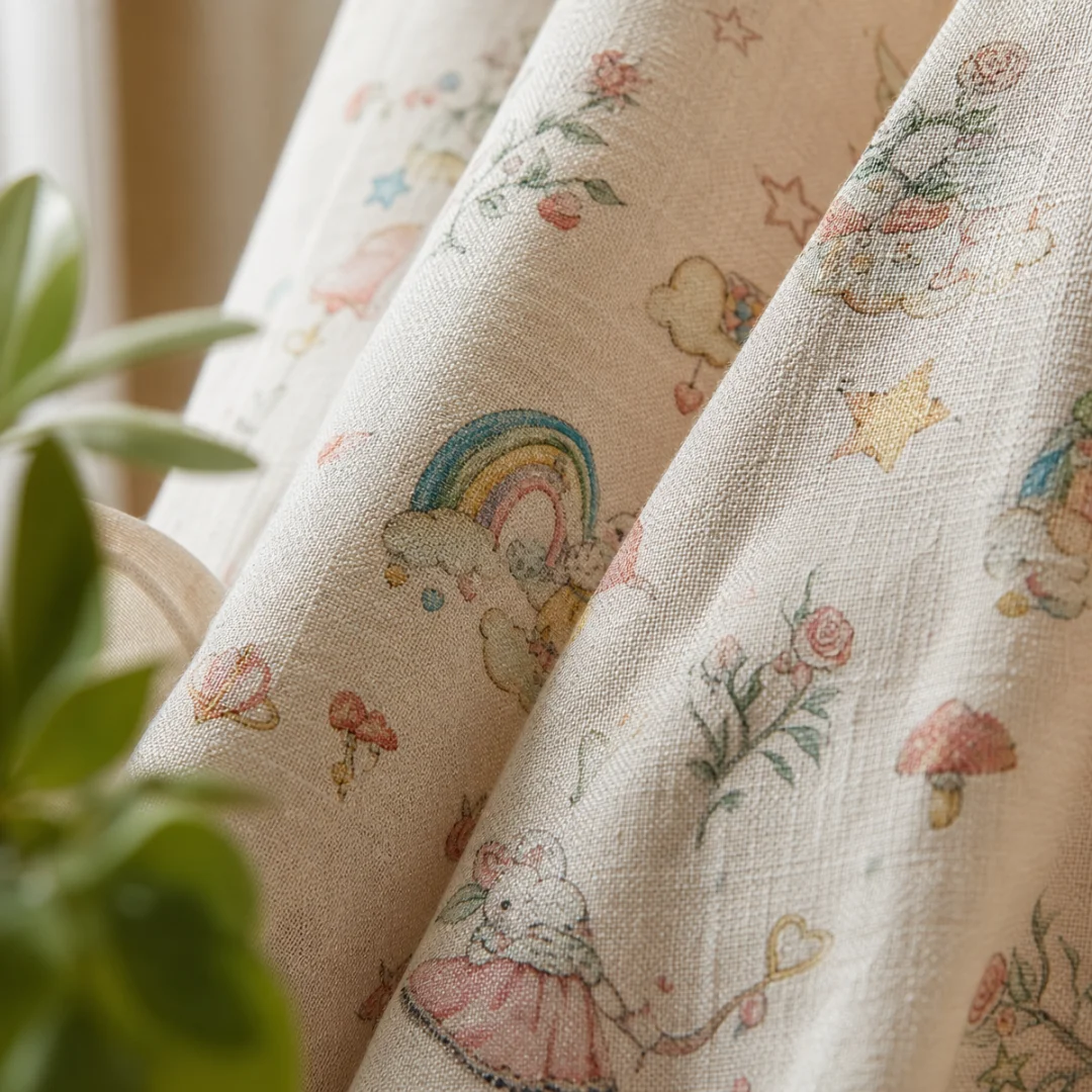 CartoonBunnyRainbowPrintCurtain,ColorfulStarMushroomPatternWindowDrapes,SoftFabricCurtainForKidsGirlsBedroomNurseryRoomDecor