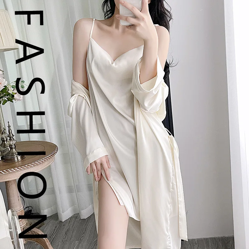 

Пижамы женские весенне-осенние, тонкая ночная рубашка из ледяного шелка с длинными рукавами, летняя сексуальная ночная рубашка из чистого желания с распашным воротником и открытой подвеской