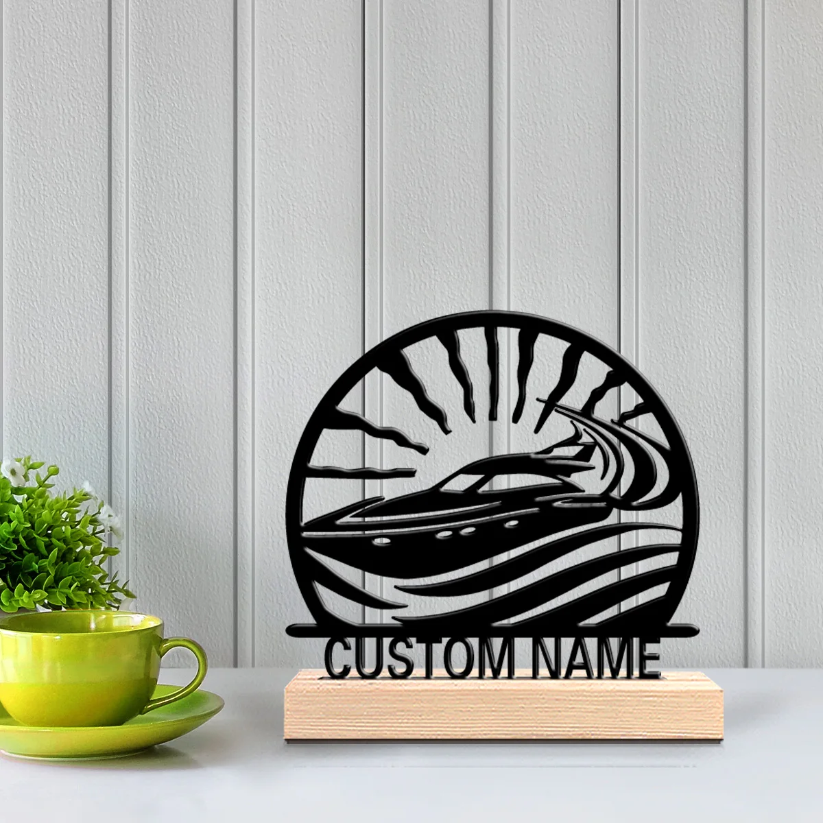 1pc interesting Personalized Custom Yacht Metal Nautical Desk Decor with Wooden Base, Perfect for Sailors, Beach Houses, Coastal