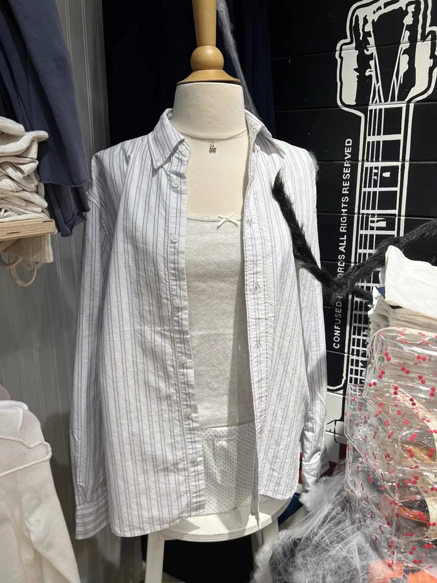 

Vintage Striped Pocket Shirts Spring Lapel Single Breasted Cotton Long Sleeve Blouses Women Classic Casual Sweet Loose Blouse