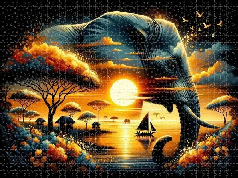 

1000pcs Elephant Animal Tree Sunset Landscape Puzzle - Large Jigsaw Puzzle (50x70cm), Gifts Gifts Home Decoration Games Toy