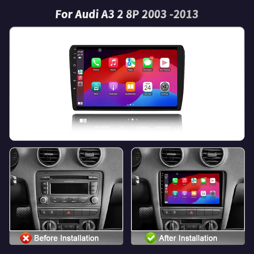 Android Bluetooth Wireless CarPlay For Audi A3 2 8P 2003 - 2013 Touch Screen Stereo Car Radio Multimedia Player Navigation