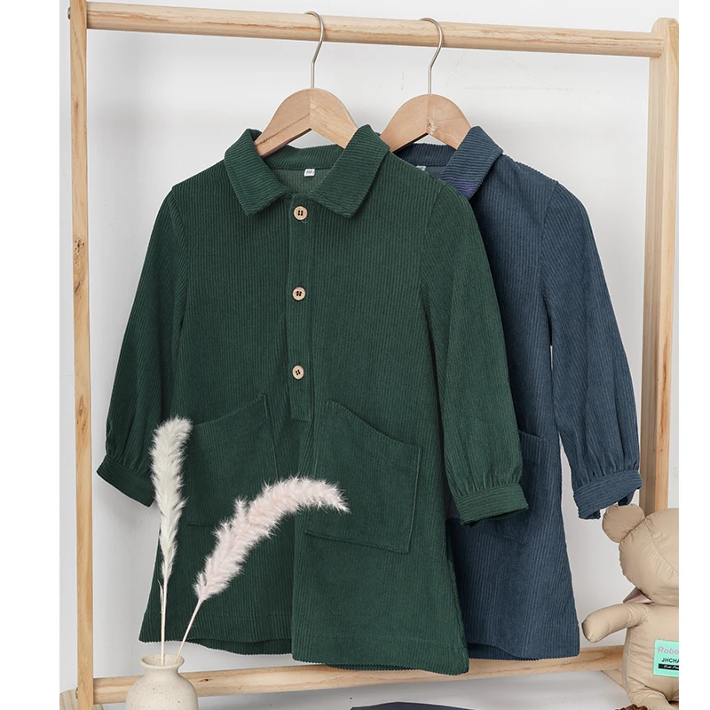 Lässiges Cordkleid für Mädchen 2026 Retro Herbst Neu Kinderkleid mit Revers Knöpfen Langarm mit Taschen Winterkleidung – Detail 19