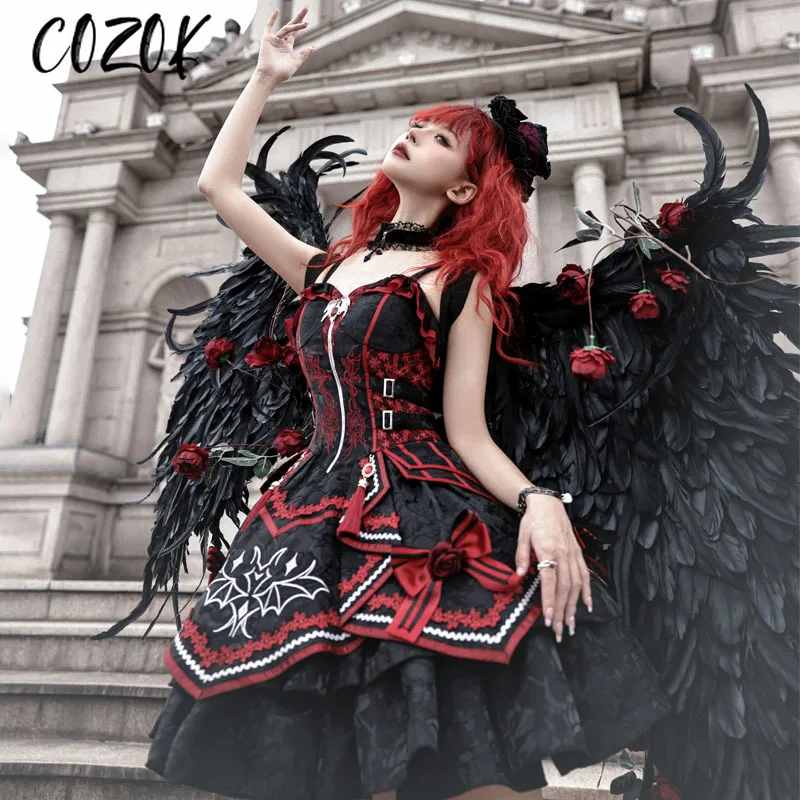

JSK Goth Dress Black Bow Devil Red Rose Retro Princess Party Sweet Girl Lolita Vintage Bow Ruffles Flowers Soft Lolita Dress
