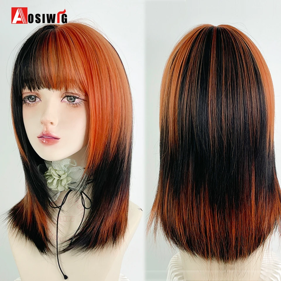 Synthetic Short Straight Hair Black dirty orange bangs highlight dyed Wigs Lolita Cosplay Hair Wig For Women Y2K daily color pun