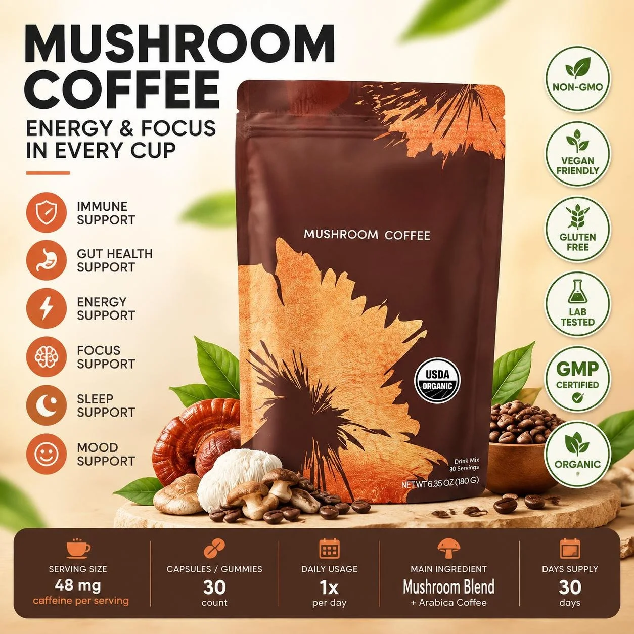 Functional Mushroom Supplement Powder Lion's Mane Reishi Cordyceps Blend Energy Focus Support Vegan Daily Wellness 30 Servings