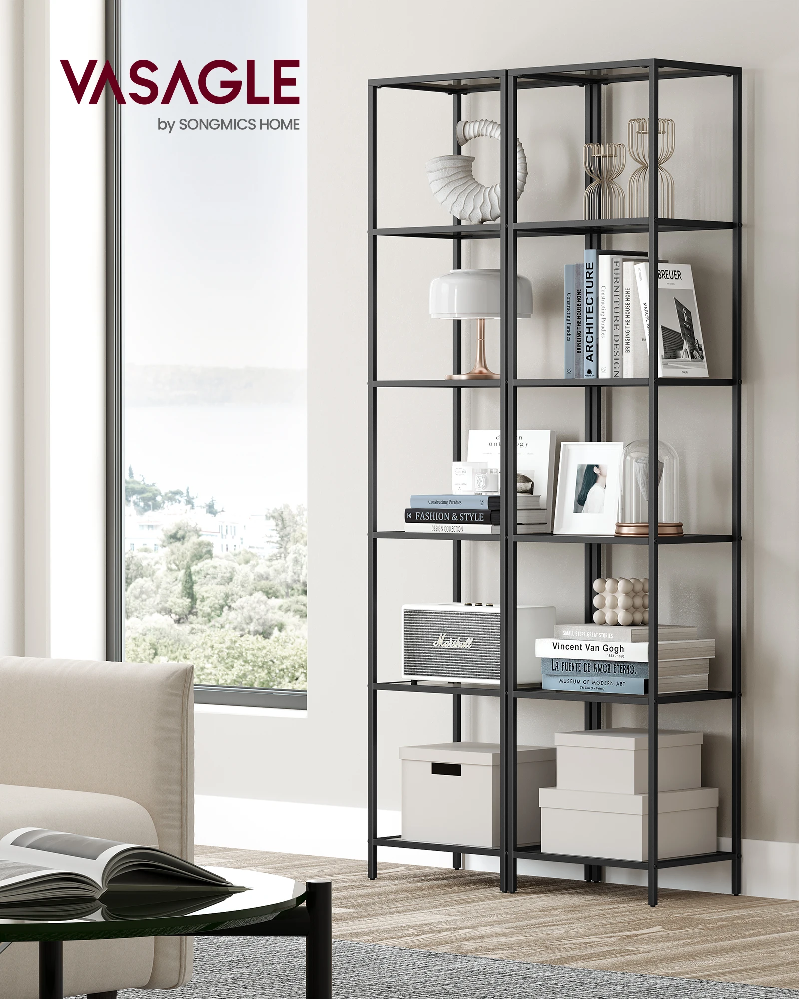 VASAGLE Bookcase, 6-Tier Bookshelf, Slim Shelving Unit for Bedroom, Bathroom, Home Office, Tempered Glass, Steel Frame