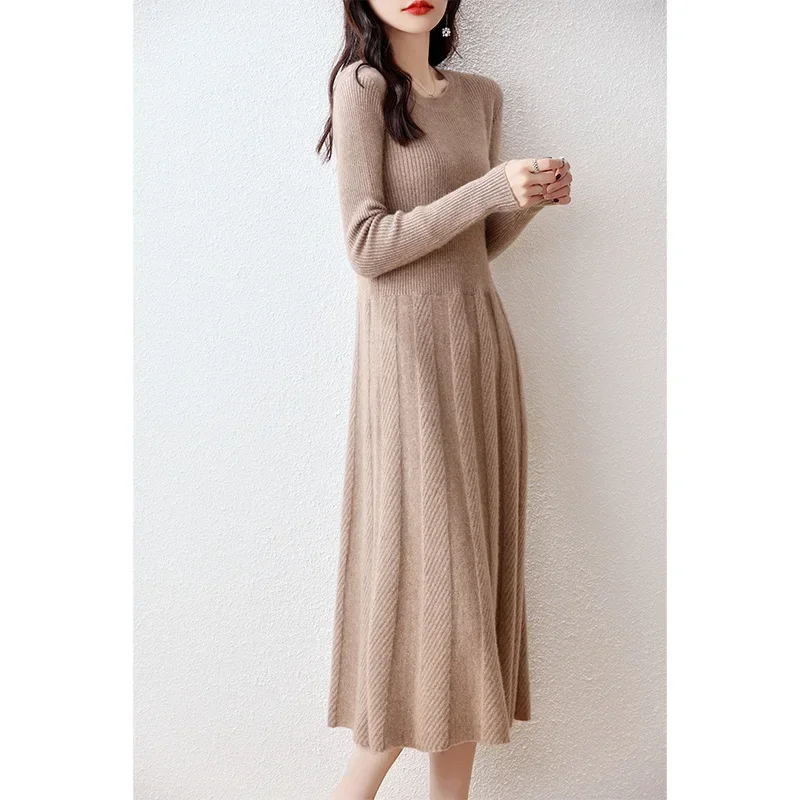 Hot Sale 100% Merino Wool Knitted Sweater Women Dress Winter/Autumn Female Knee Length Dresses Long Style Thicken Knit Jumper