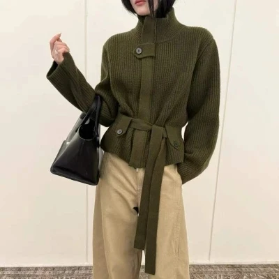 

Women's Knitted Sweater 2025 Autumn Winter New Sle Korean Stand Collar Waist Cinched Belted Youthful ort Top