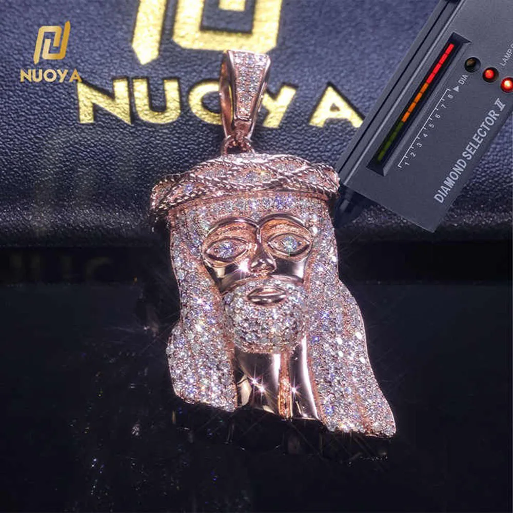 ESKEEM Hip Hop Jewelry Moissanite Charm Pendant Pass Diamond Test 925 Silver Rose Gold Plated Small Jesus Head Pendant Necklace