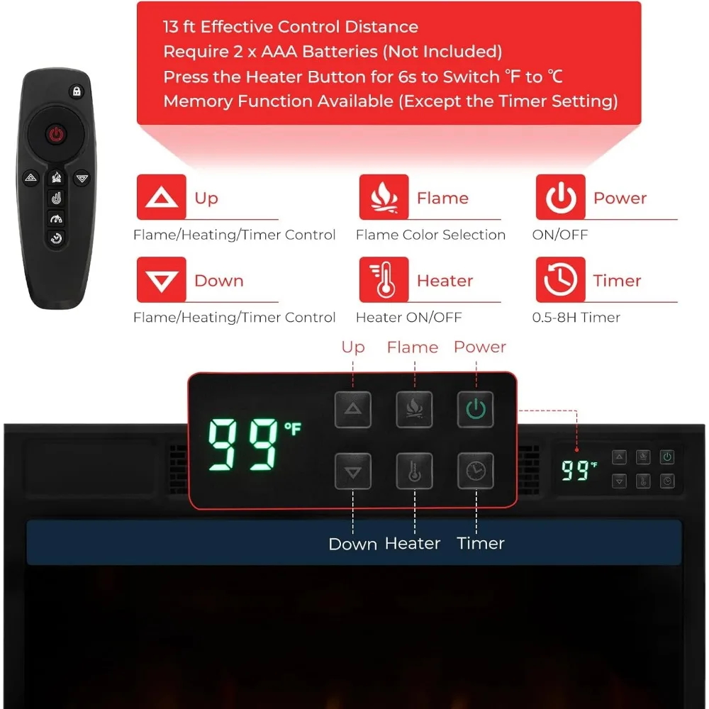 Infrared Quartz Electric Fireplace Insert 23-Inch, 1500W Heater with Remote Control, Thermostat, Recessed Fireplace for Home