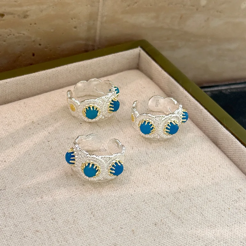 S925 Sterling Silver Blue Agate Daisy Ring Women's Italian Light Luxury High-end Sense Niche Index Finger Ring 5600A