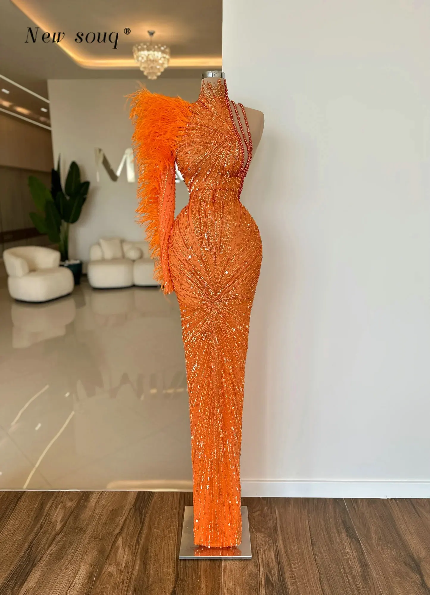 Vestidos de Noche naranjas de manga larga con cuello alto, plumas de Dubái, perlas, lentejuelas brillantes, vestidos formales para fiesta de boda