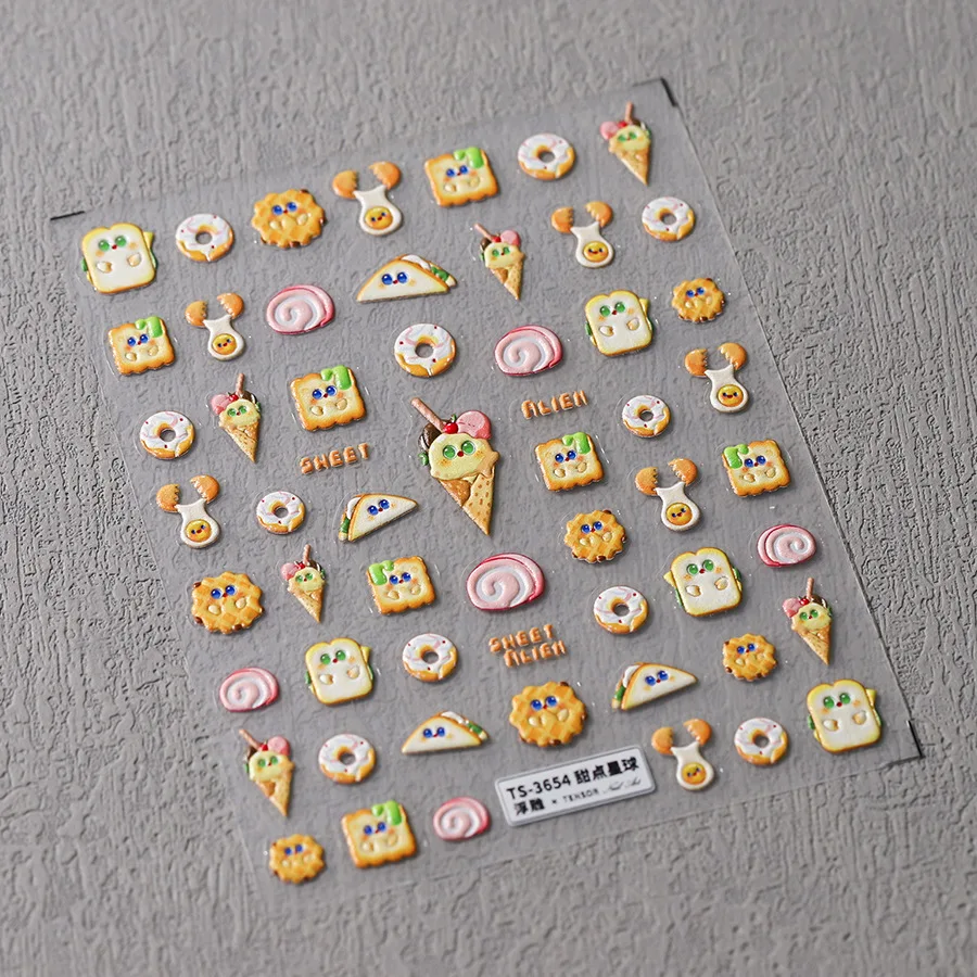 Lovely Sandwiches Donuts Ice Cream Cartoon 5D Embossed Reliefs Self Adhesive Nail Art Stickers Cute Desserts Manicure Decals