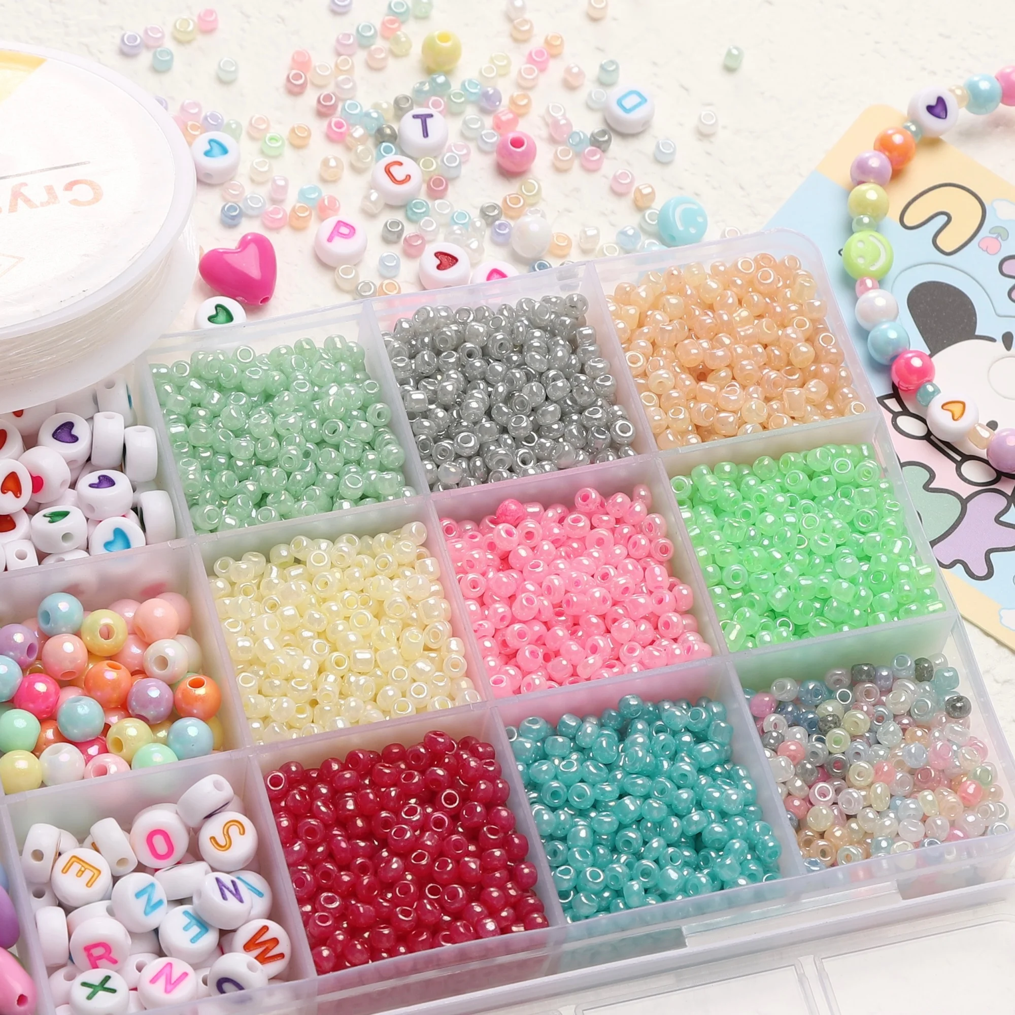 

3mm Glass Seed Beads 15 Grid Jewelry Storage Box with Thread Organizer For DIY Jewelry Bracelet Necklace Earring Craft Supplies