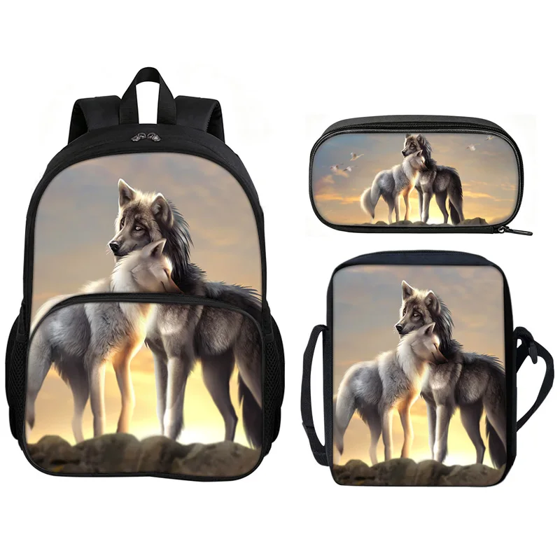 Wolf 3Pcs Set with Front Pocket Backpack School Bag  with Shoulder Bag Pencil Case Lightweight Large Capacity Multi-function