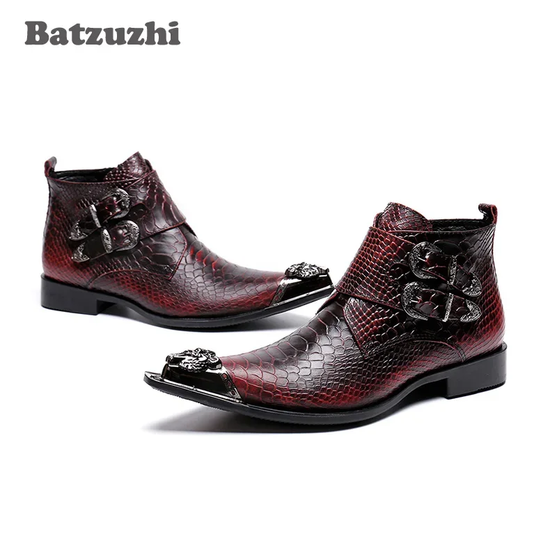 Batzuzhi Korean Type Fashion Men Boots botas hombre Leather Dress Boots Pointed Metal Tip Wine Red Party and Wedding Boots Men