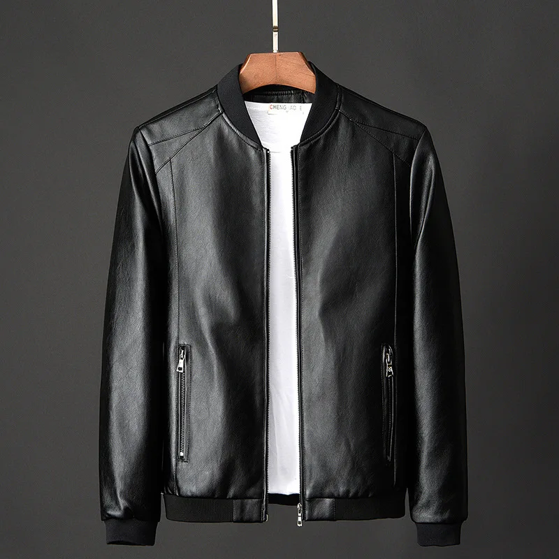 

Men's Leather Bomber Jaet Motorcycle Biker PU Baseball ort Sle V-Ne Sve Length Seven-Length Autumn Faion
