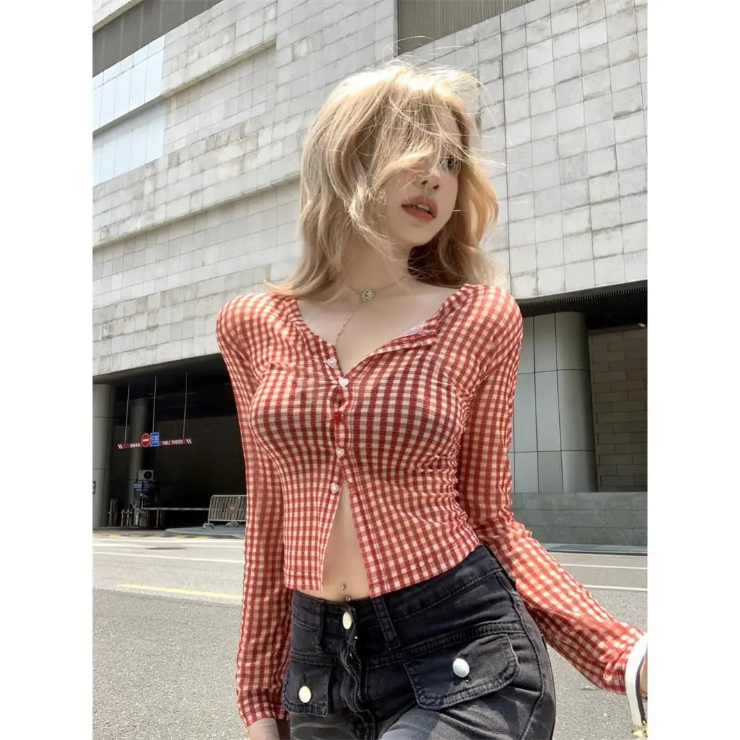 American Retro Red Plaid Me irt Women's Early Autumn ort Tight Sexy Beautiful Long Sve Small Top Sweet Sle f Un...