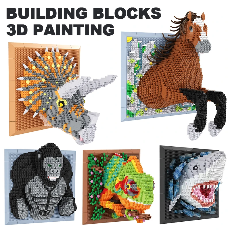 Blocs de construction 3D, Modèles de fresques murales tête de requin et triceratops, Décoration murale animale gorille, Peinture cheval, Sculpture suspendue, Jouets de décoration intérieure