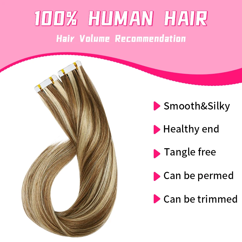 Extensiones de cabello humano con cinta en Color marrón a rubio, extensiones de cabello humano Remy Real, extensiones de cabello liso sedoso # P8/613