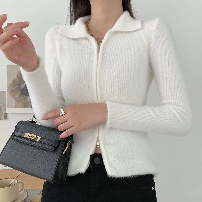 2023 Mink Fleece Kintted Cardigan Jackets Y2k Long Sleeve Harajuku Basic Zip Outwear Autumn Stretch Slim Women Casual Coat Tops
