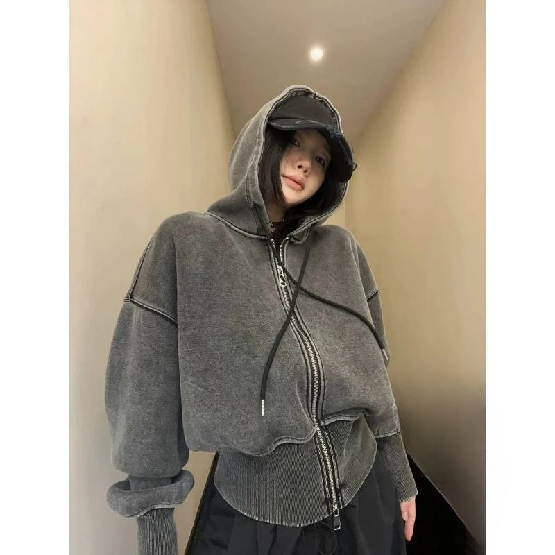 Autumn new washed niche widened thread short hooded jacket loose retro waist jacket women's trend comfortable and beautiful