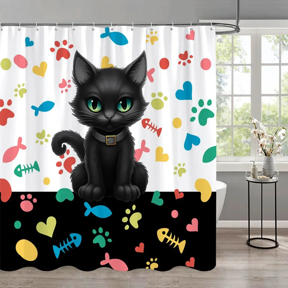 Funny Cat Children\'s Shower Curtain Colourful Cartoon Patterns Children\'s Room Curtains Bathroom Decor Accessories With Hooks