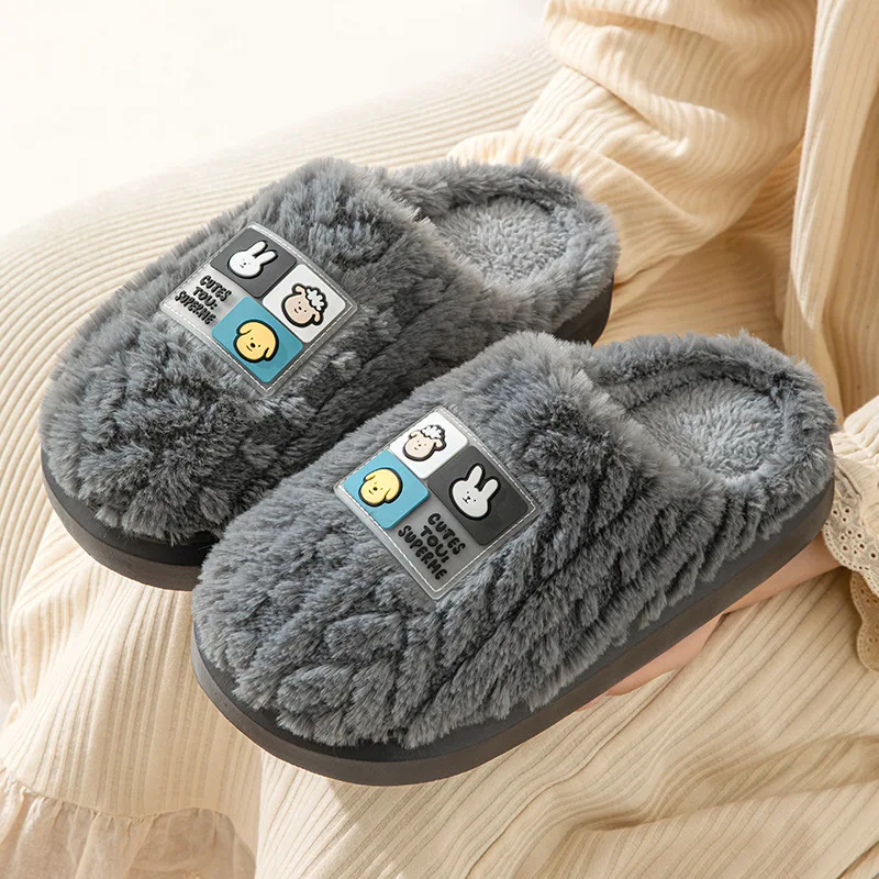 

Cute Cartoon Warm Plush Slippers Women 2024 Winter Fluffy Fur Warm Home Cotton Shoes Woman Thick Sole Non Slip Fuzzy Slippers