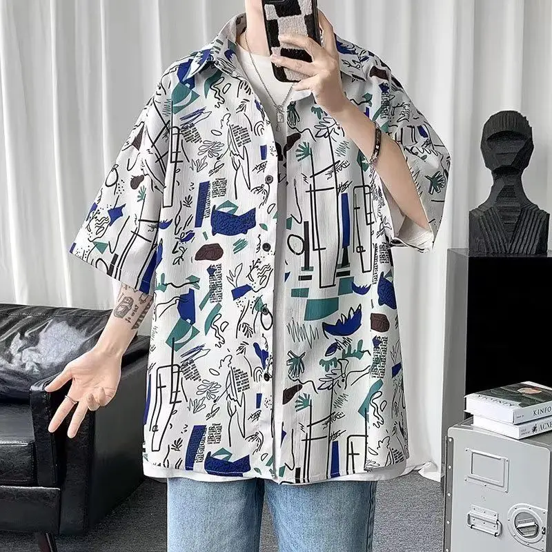 Camisa de manga curta masculina, bonito design floral, solta e versátil, marca da moda, high-end, novo estilo quente, verão, 2024