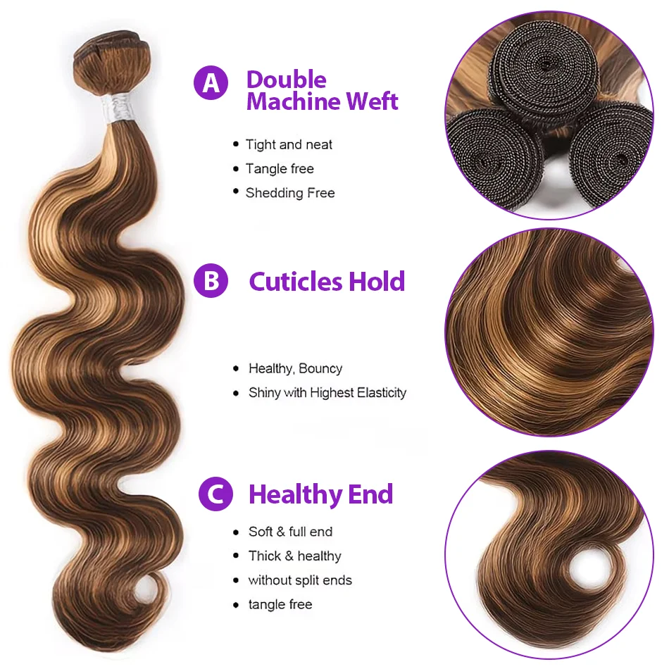 

P4/27 Highlight Human Hair Bundles Body Wave Bundles Human Hair 18 20 22 Inch Human Hair Water Wave Bundles Ombre Brown Bundles