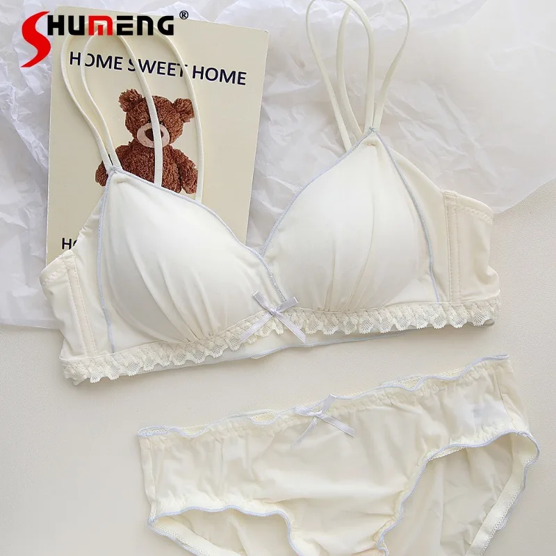 

French Style Push Up Bra Set for Girls Double Shoulder Straps Intimates Women's Breathable Wireless Small Chest Brief Suits
