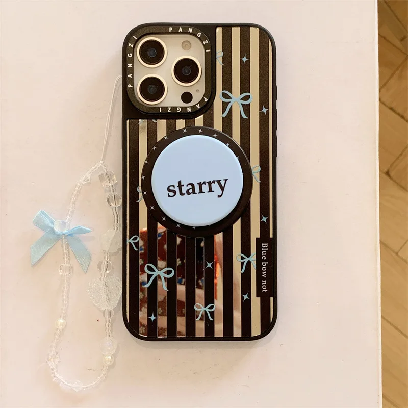 الرجعية شريط مرآة الأزرق ربطة القوس فيونكة جراب هاتف ل magsafe آيفون 16 15 14 13 برو ماكس حافظة لطيف الحلو الفاخرة تصفيح غطاء الكرتون