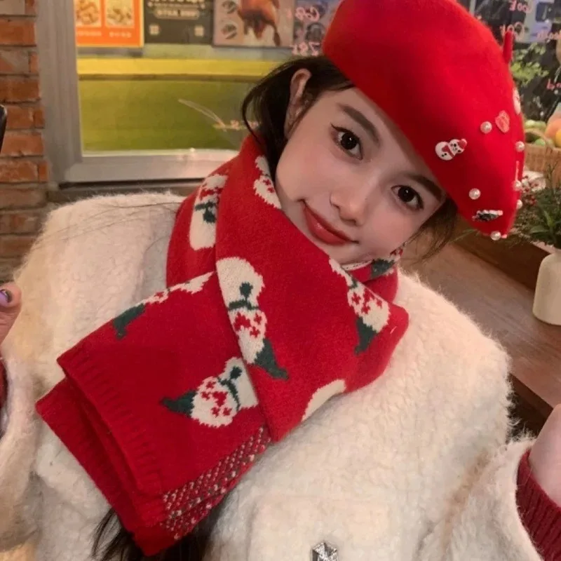 Christmas Thick Knitted Scarf Women's Winter Warm Neck Warmer New Year Red Scarf Student Christmas Snowman Festival