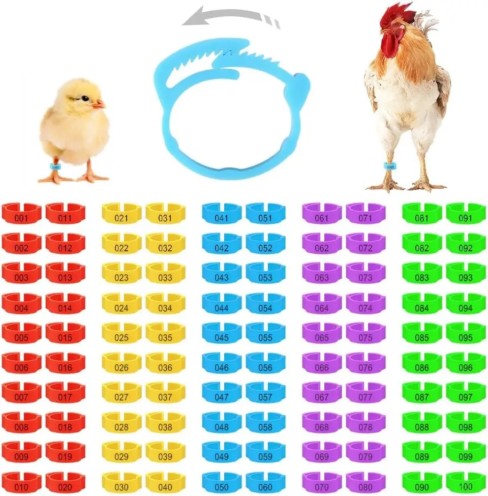 

100 шт. ленты для куриных ножек, регулируемые кольца для ног птицы, разноцветные пронумерованные куриные бирки для цыплят, индейки, гусиных уток