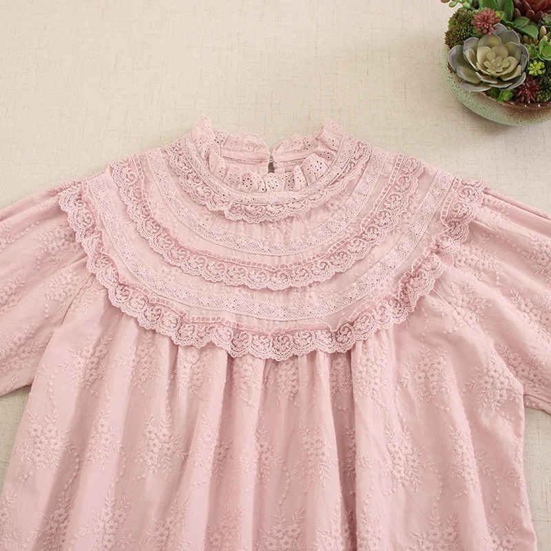 Japanese Sweet Mori Girl Embroidery Cotton Midi Dress Wmen Spring Autumn Stand Collar Long Sleeve Casual Loose Long Dresses