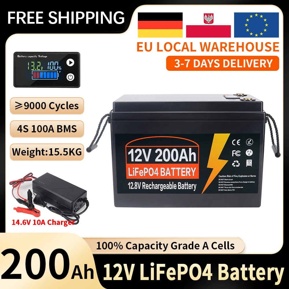 12V 200Ah LiFePO4 Lithium Batterij Met 100A BMS 9000+ Cycli Voor Campers, Off-Road, Off-Grid, Visboten, Zonnesysteem Batterij