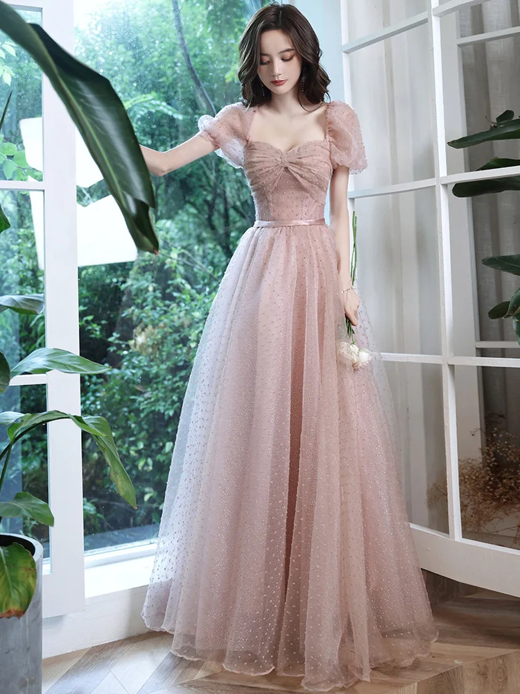 

Pink Tulle Banquet Evening Dress Women Sweetheart Collar Puff Sleeves A-line Graduation Dresses Exquisite Sweet Quinceanera Gown