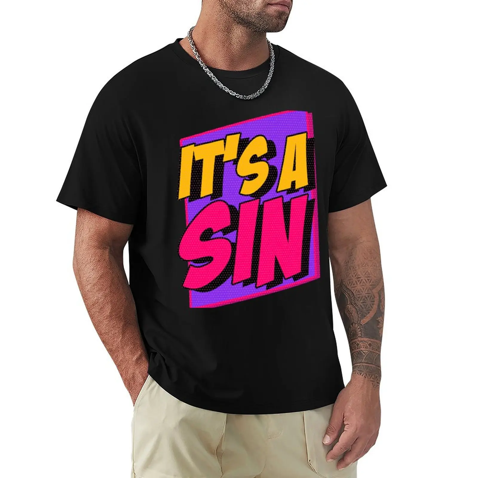 

It's a Sin- Tv Show Salutation Comic Title T-Shirt blacks plain mens clothing