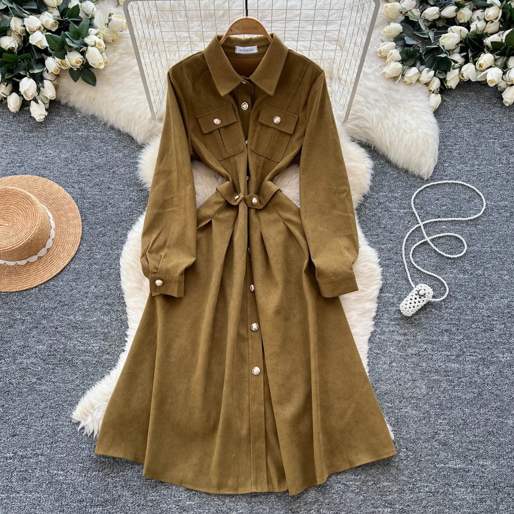 

Women Shiirt Dresses Solid Dress A Line Long Sleeve Ankle Lenth Waist Cinch Single Breasted Straight Casual Elegant 2025 Autumn