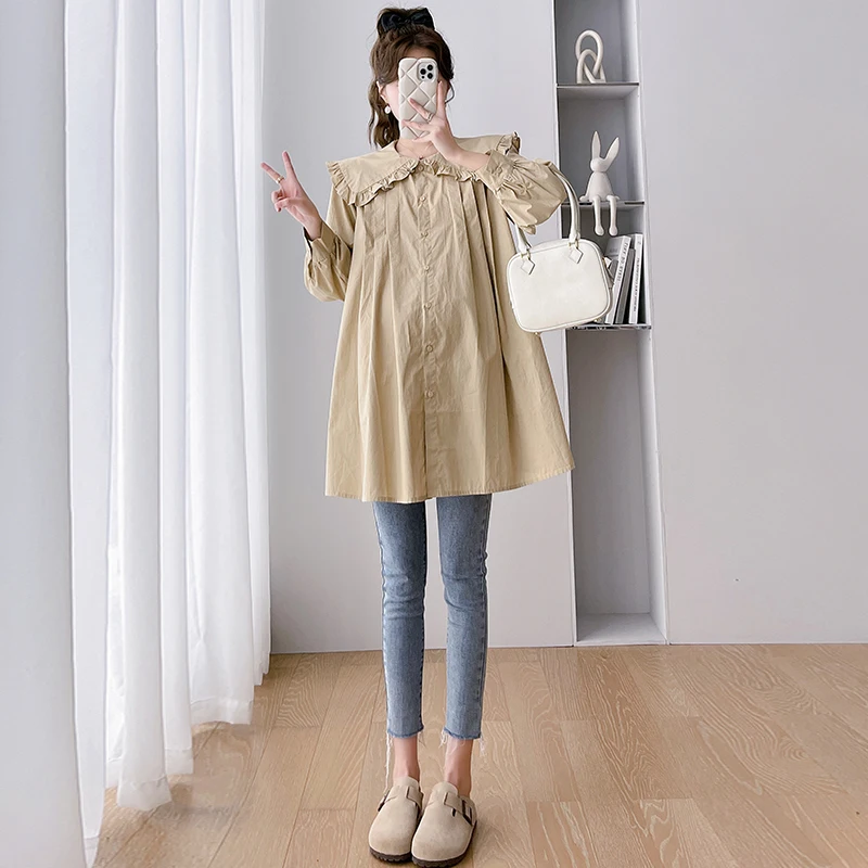 

Beige Green Pregnant Women's Loose Shirts for Spring Large Peter Pan Collar Long Sleeve Maternity Blouses Pleated Shirt Loose