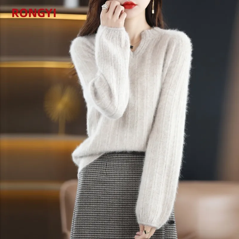 RONGYI Women New 100%pure Mink Cashmere Sweater Fashion Large Size Pullover Autumn Winter Warm Loose Puff Sleeve Knit Female Top