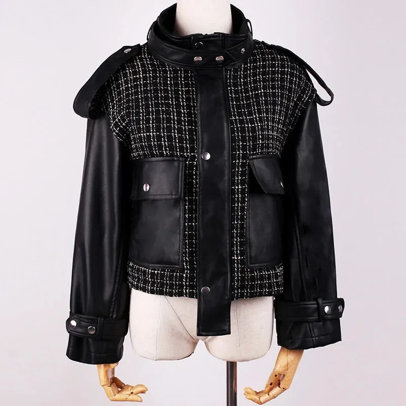 Small Fragrant Wind Leather Coat Short Coat Female Tide Ins Autumn Winter Port Wind 2023 Motorcycle Jacket Jacket Solid Color Z4