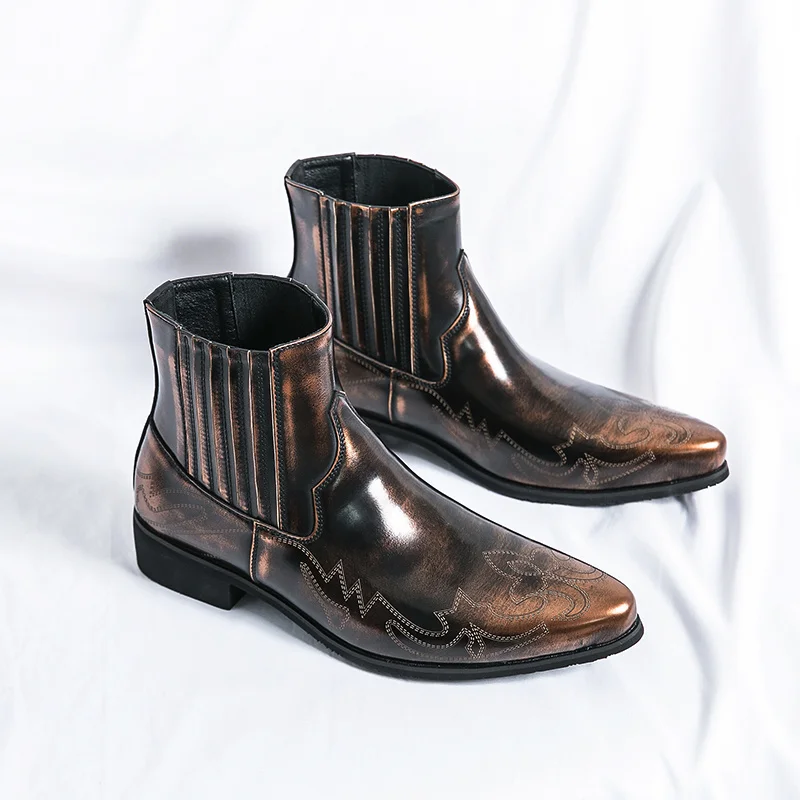 

Retro Brown Men's Chelsea Boots Pointed-Toe High Top Man Dress Shoes Big Size 46 Leather Slip-On Social Shoe Men Botas Masculino