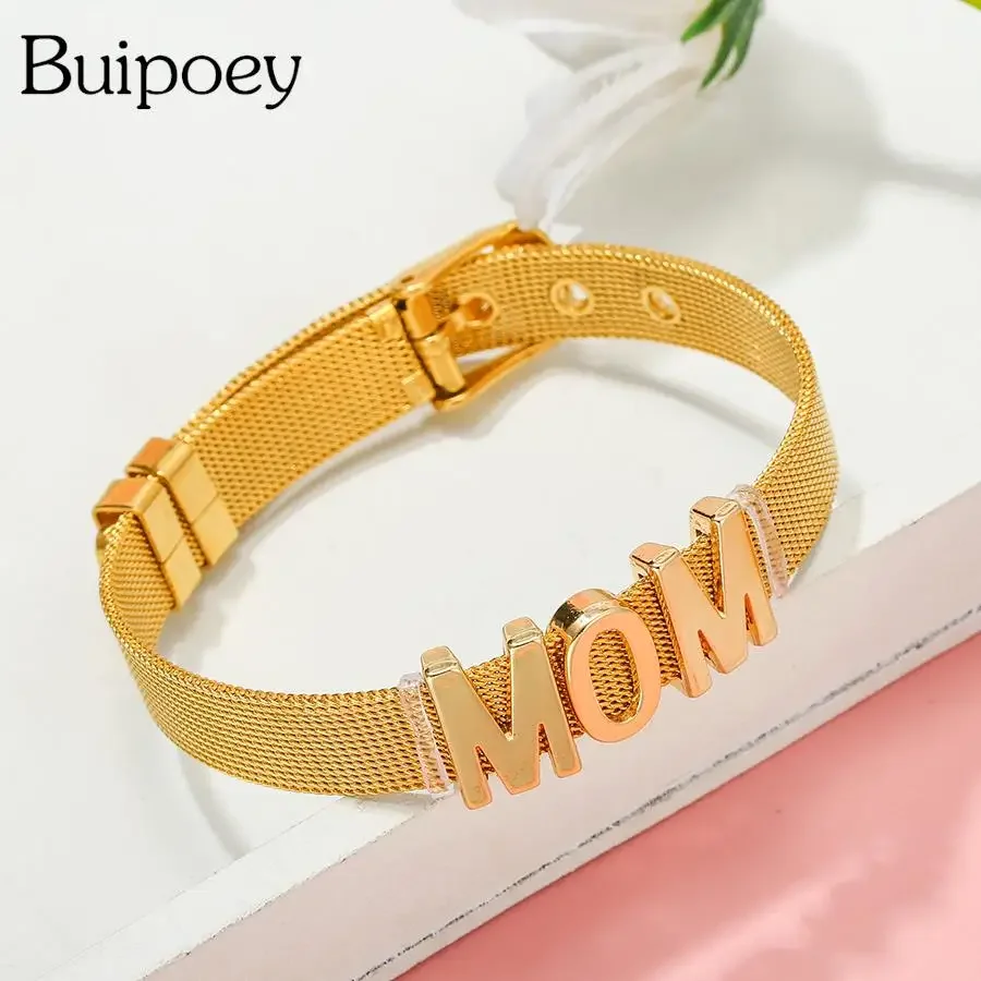 

Buipoey позолоченные бусины для мамы, браслеты-подвески для женщин, сделай сам, подвеска в виде слов, сетчатый браслет из нержавеющей стали, подарок на день матери