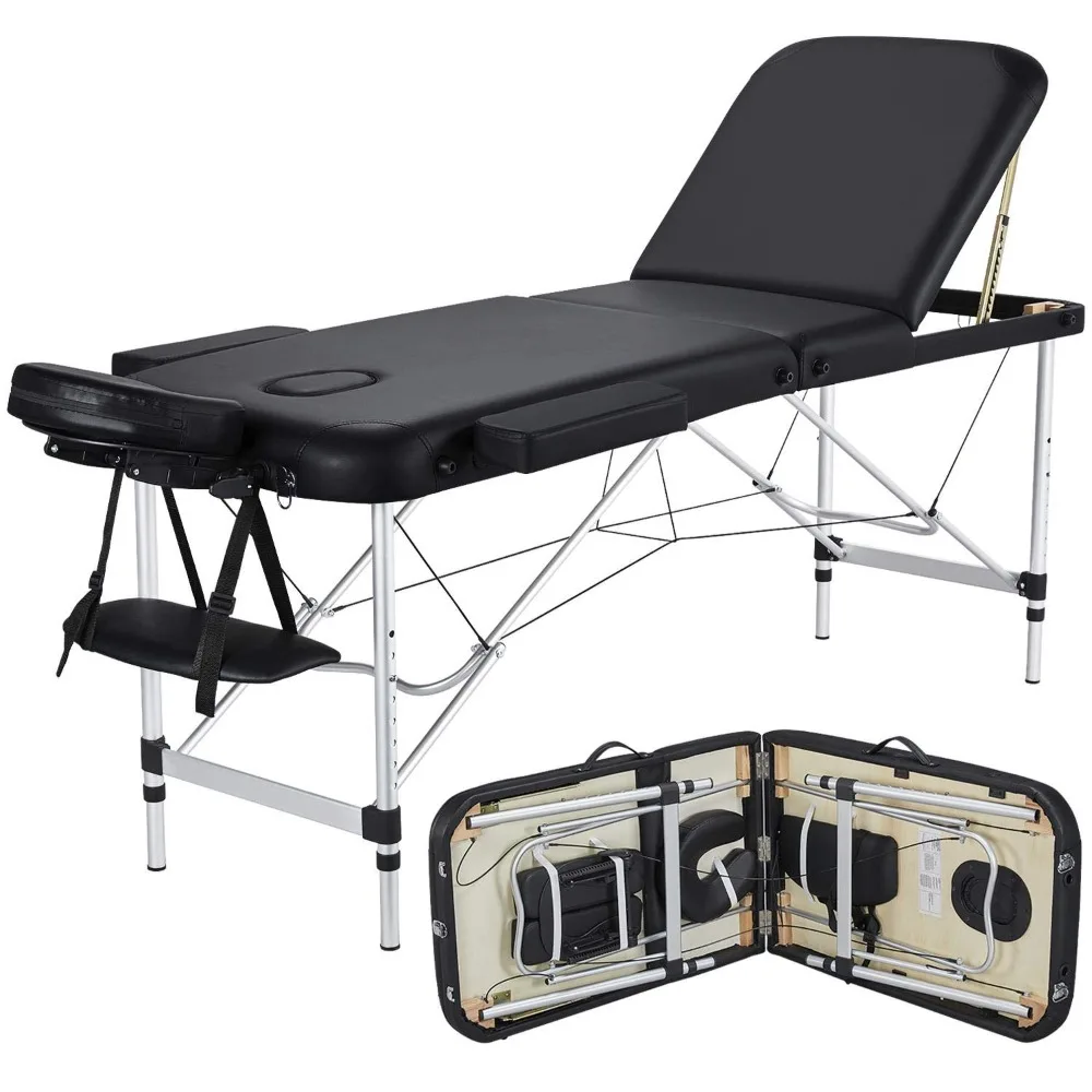 

Massage Tables Portable Tattoo Table Adjustable Lash Bed Aluminium 3 Folding Spa Bed with Non-Woven Bag 24 inch Wide Black